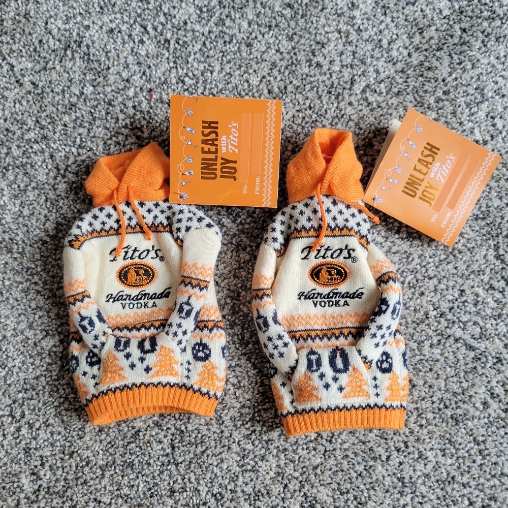 Two Tito's Vodka Bottle Fairisle Embroidered Hooded Sweater Orange White Nwt